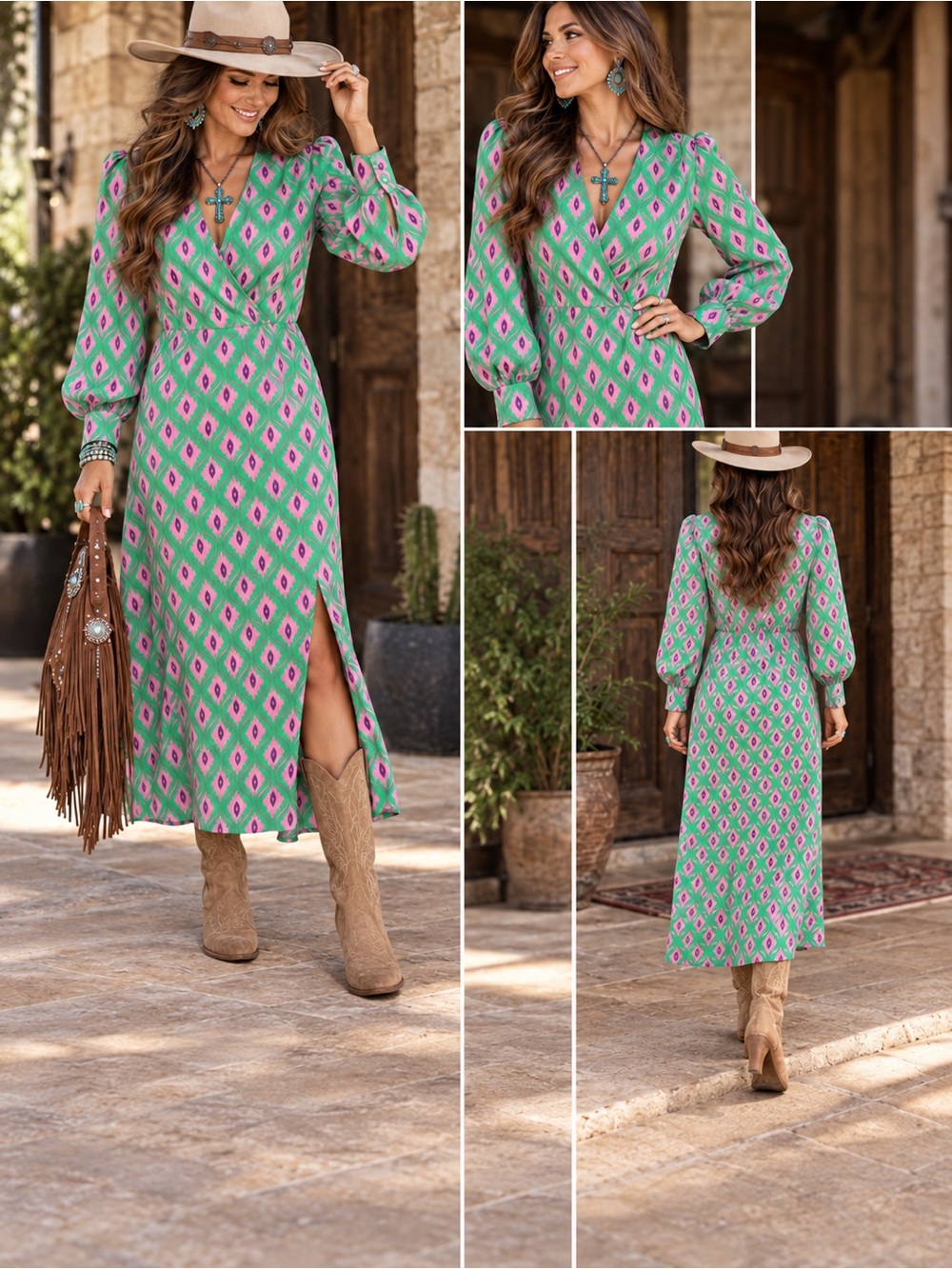 Retro & Icone Paris Green Pink Geometric Faux Wrap Midi Dress S